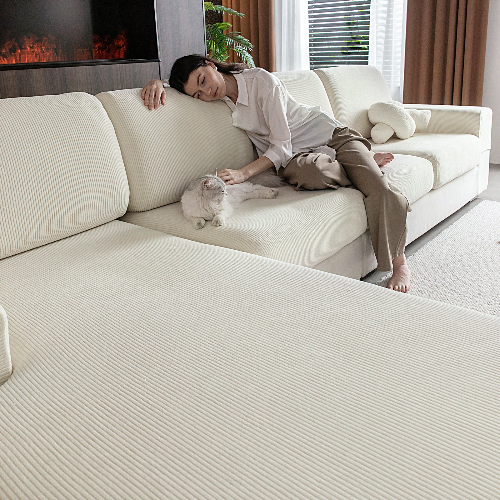 OHSIO Sectional Couch Covers, Wear Resistant Stretch Sofa Covers Washable Soft Couch Cushion Covers Anti Slip Furniture Protector Sofa Slipcovers for Pets