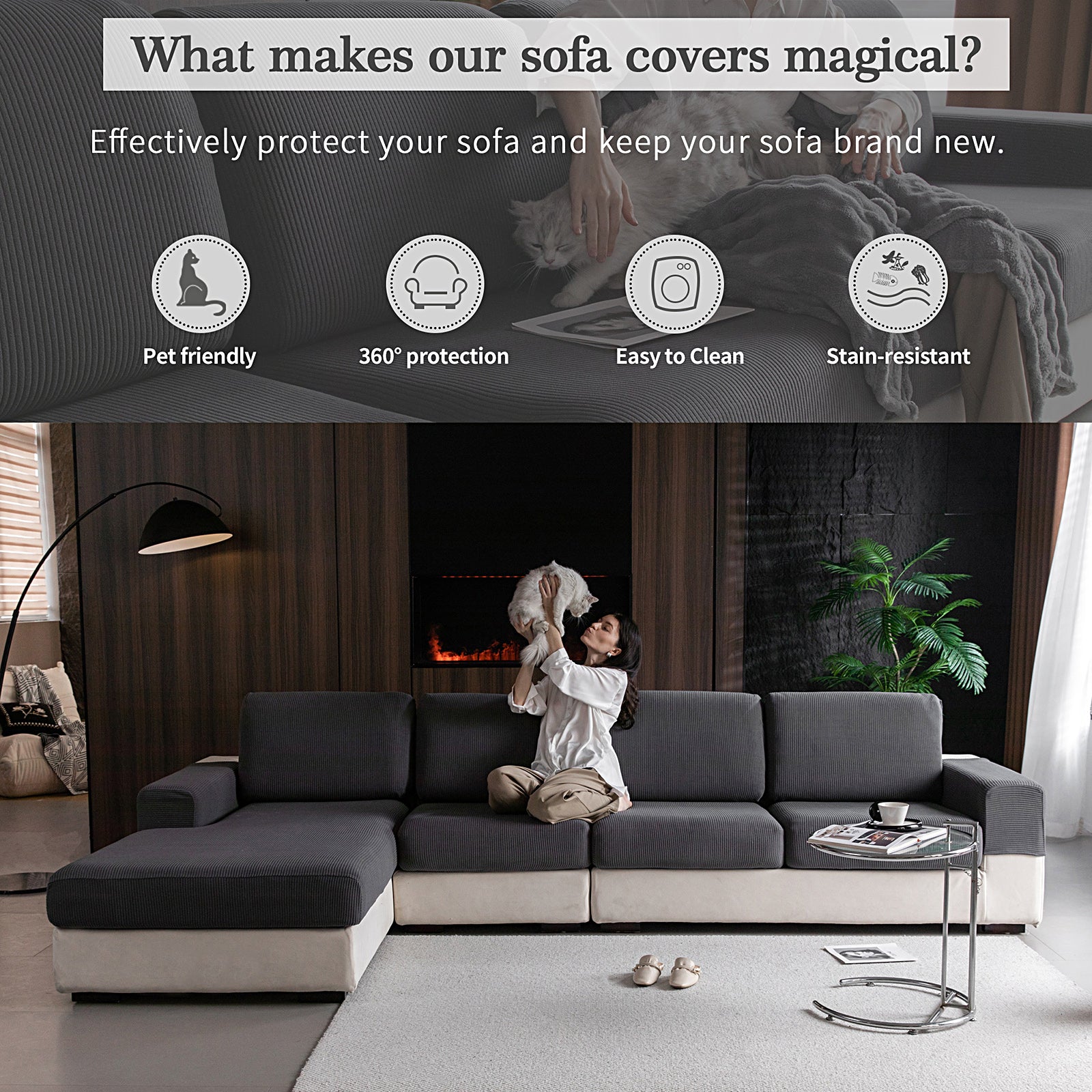 OHSIO Sectional Couch Covers, Wear Resistant Stretch Sofa Covers Washable Soft Couch Cushion Covers Anti Slip Furniture Protector Sofa Slipcovers for Pets