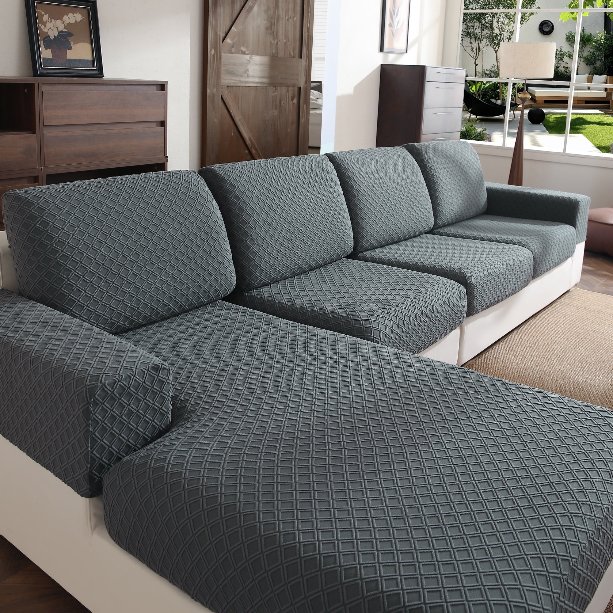 OHSIO Couch Cover, Stretch Sofa Cover, Soft Seat Cushion Covers Washable, Sectional L Shape Sofa Slipcover, Wear Stain Resistant Pet Friendly Furniture Protector for Home