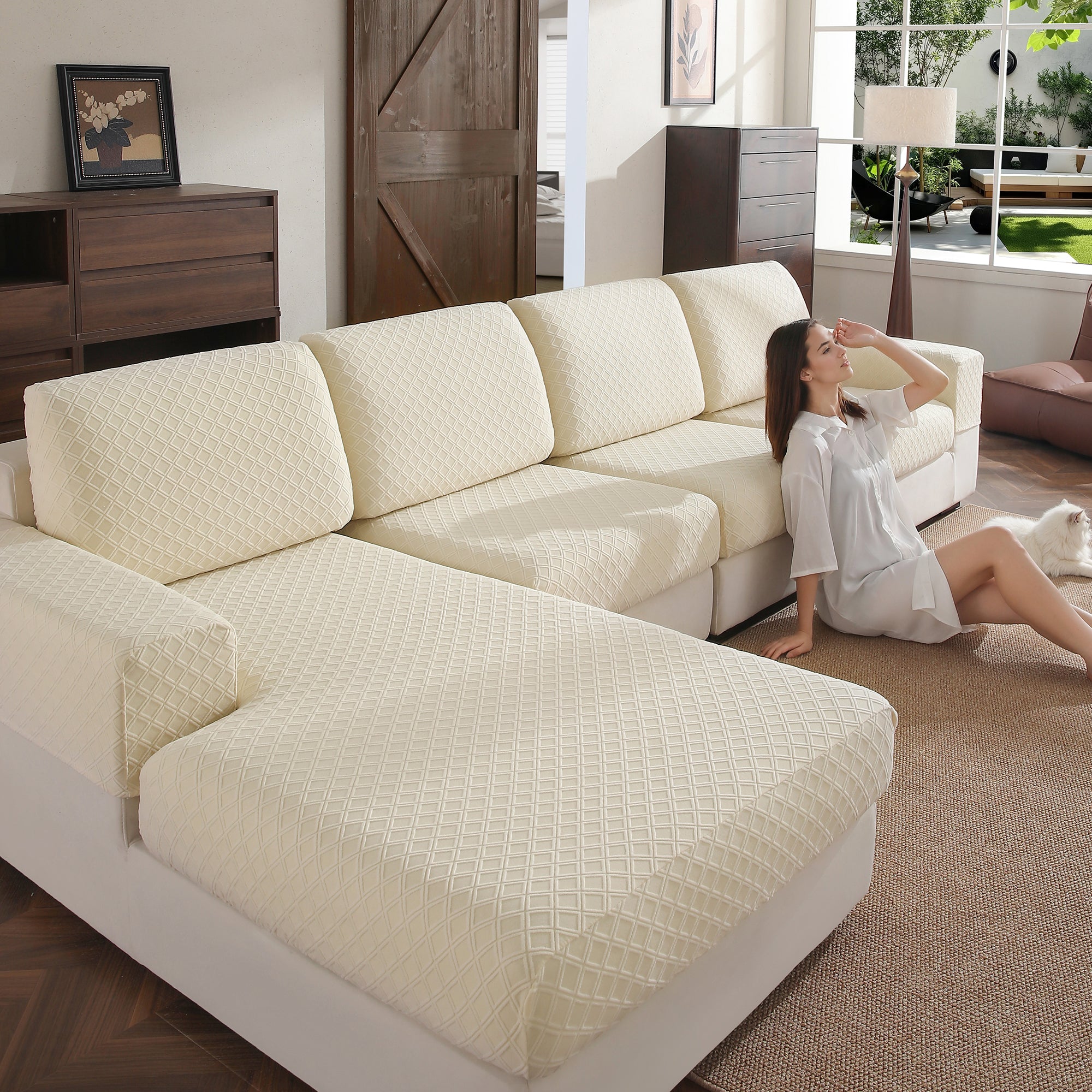OHSIO Couch Cover, Stretch Sofa Cover, Soft Seat Cushion Covers Washable, Sectional L Shape Sofa Slipcover, Wear Stain Resistant Pet Friendly Furniture Protector for Home