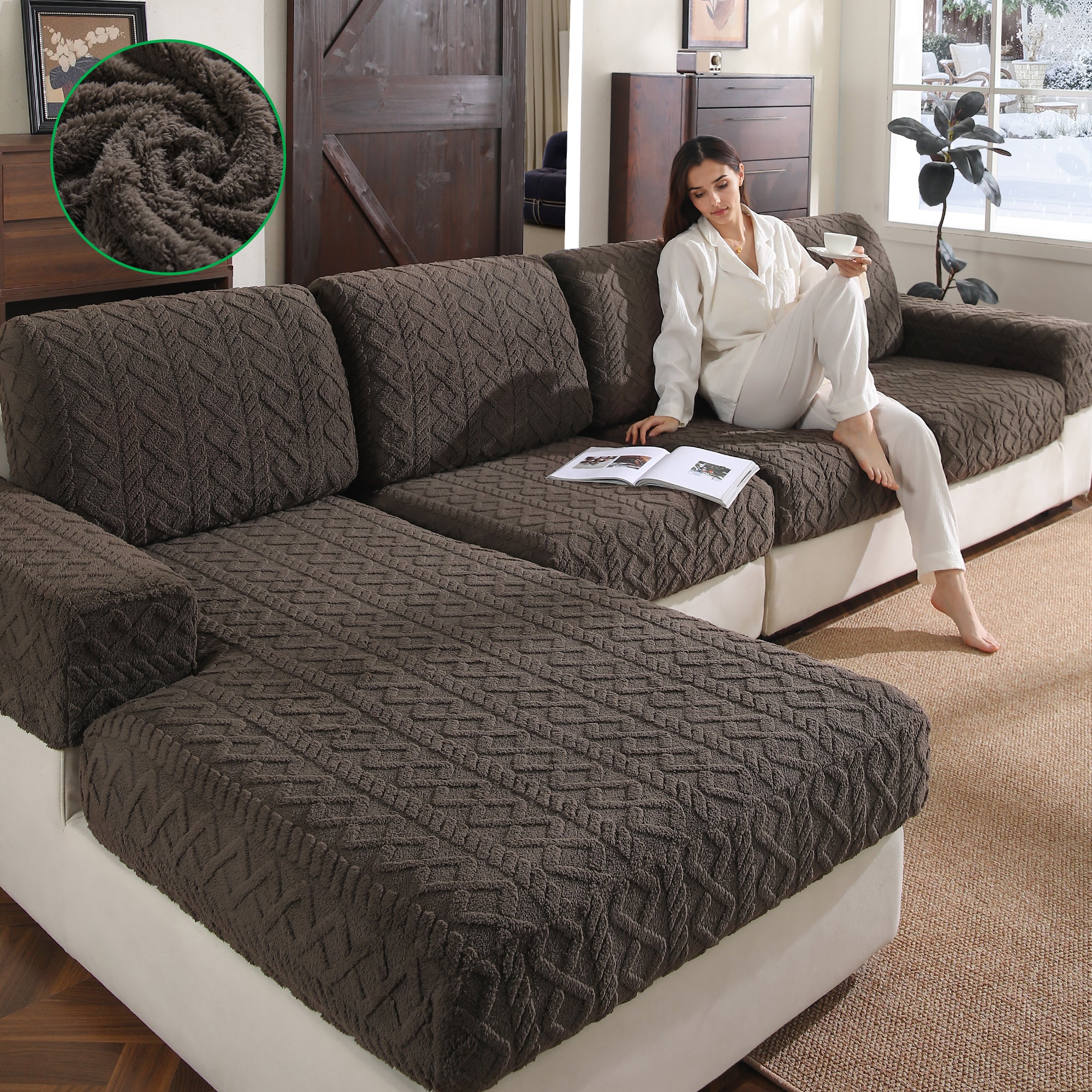 OHSIO Couch Cushion Covers, Super Soft Thicker Fleece Sofa Cover Stretch Sectional Sofa Slipcover Washable Pet Friendly Anti-Slip Stain Resistant Furniture Cover for Home