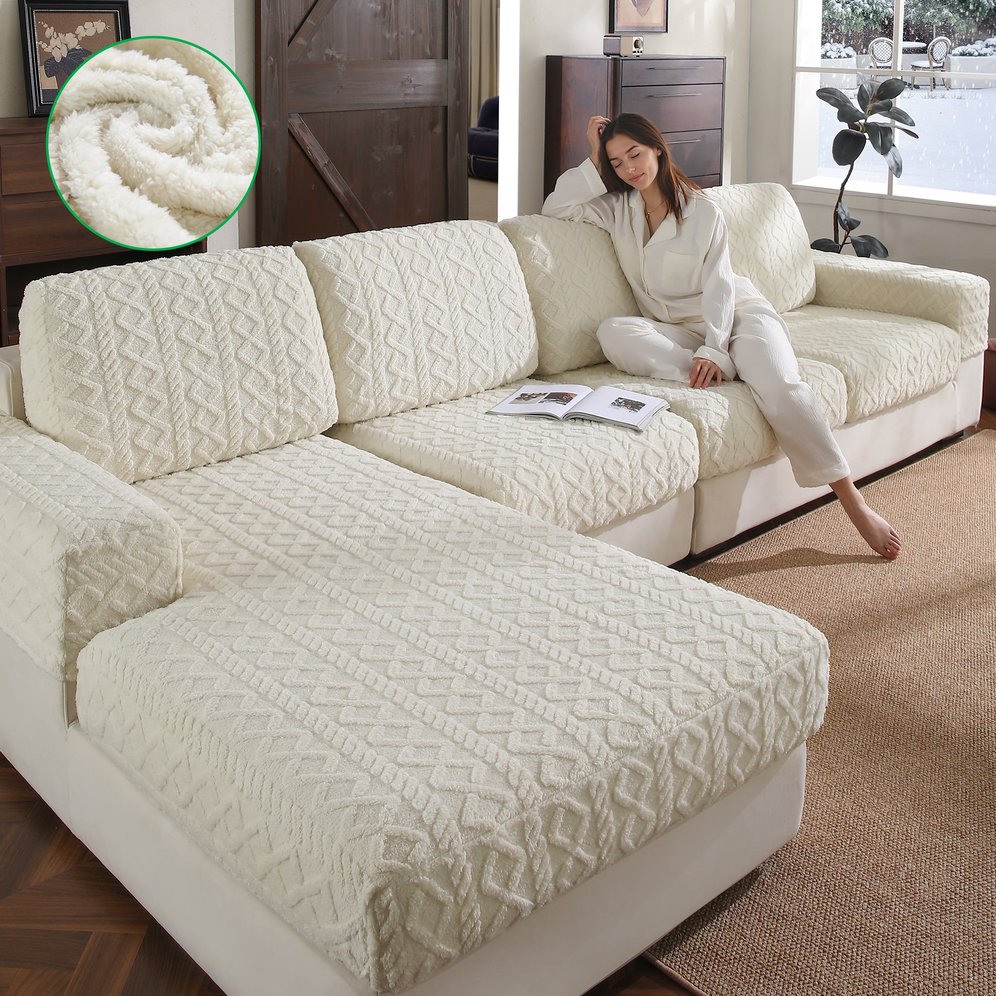 OHSIO Couch Cushion Covers, Super Soft Thicker Fleece Sofa Cover Stretch Sectional Sofa Slipcover Washable Pet Friendly Anti-Slip Stain Resistant Furniture Cover for Home