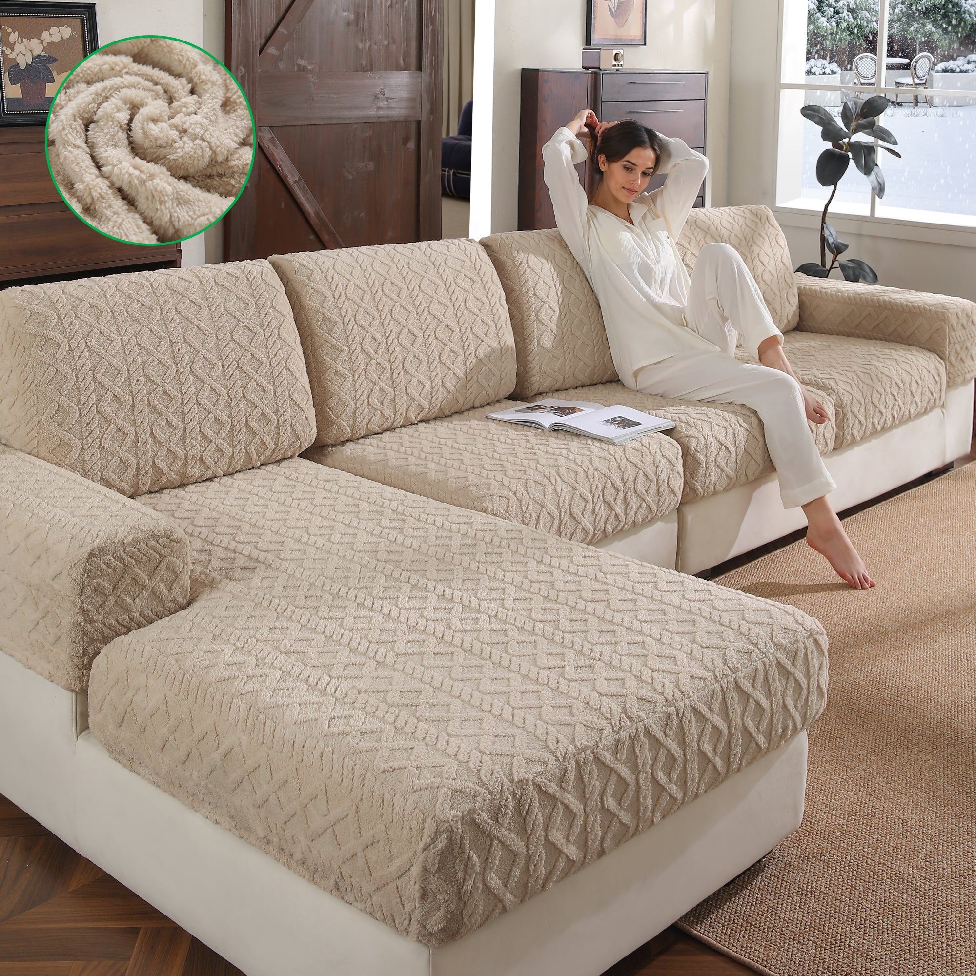 OHSIO Couch Cushion Covers, Super Soft Thicker Fleece Sofa Cover Stretch Sectional Sofa Slipcover Washable Pet Friendly Anti-Slip Stain Resistant Furniture Cover for Home