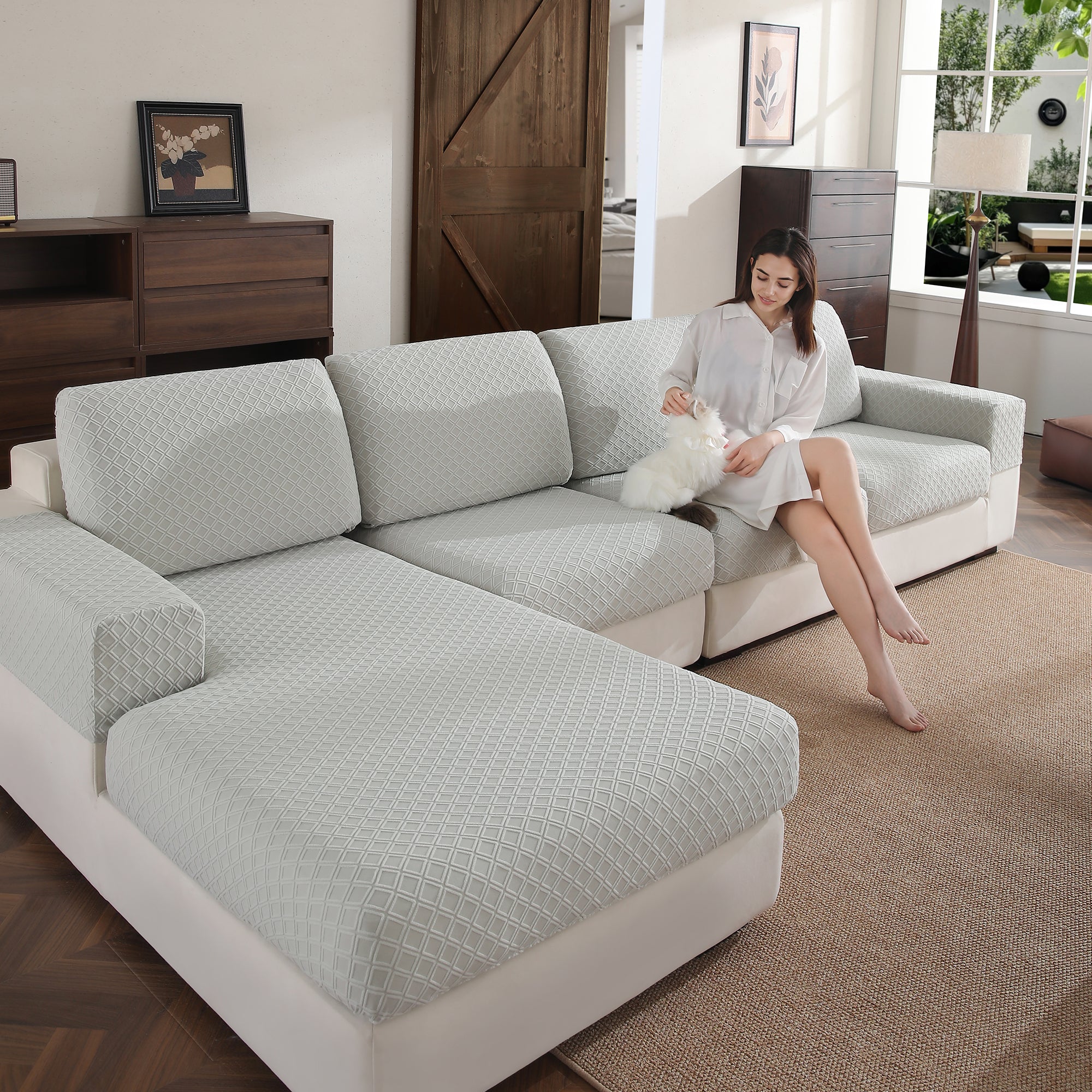 OHSIO Couch Cover, Stretch Sofa Cover, Soft Seat Cushion Covers Washable, Sectional L Shape Sofa Slipcover, Wear Stain Resistant Pet Friendly Furniture Protector for Home