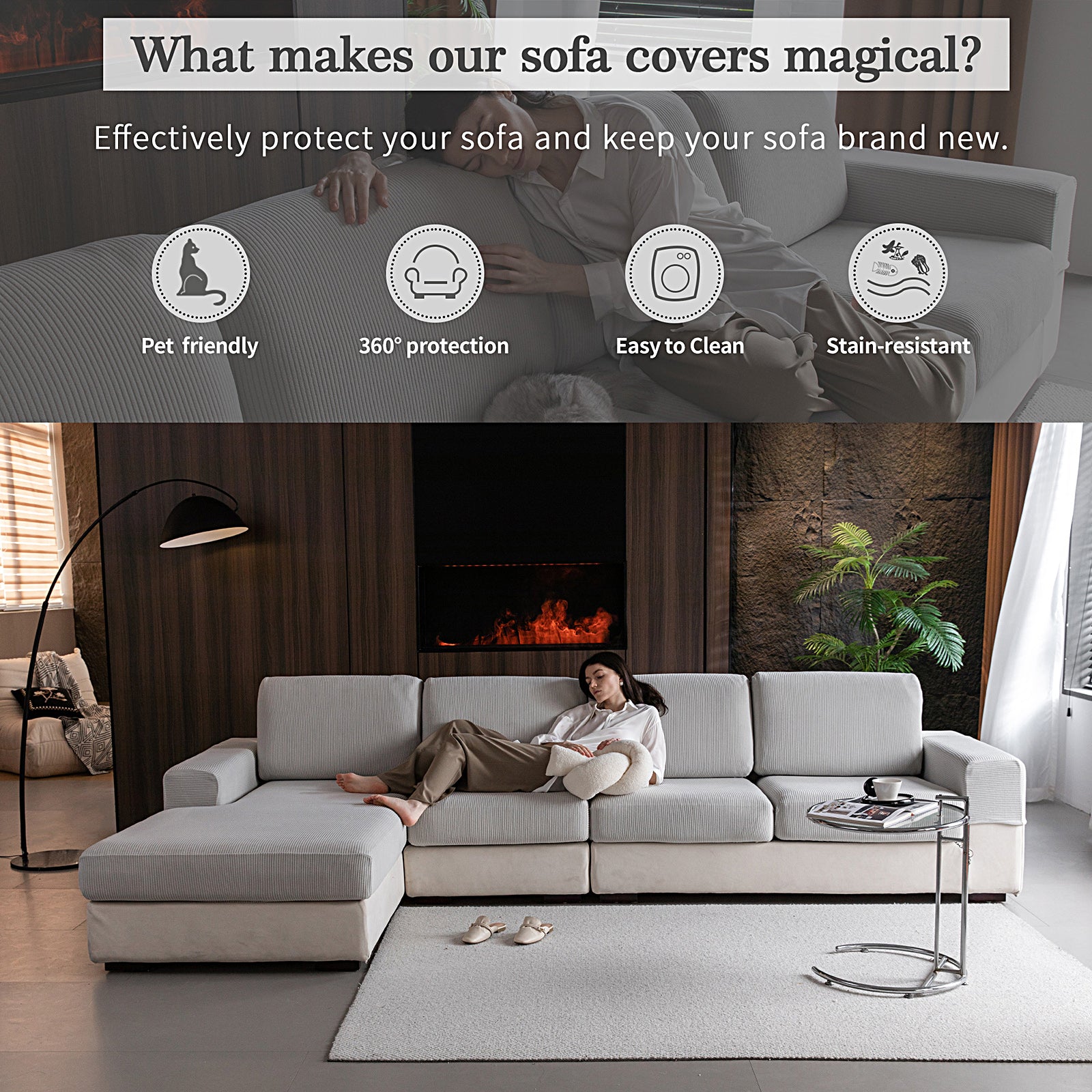 OHSIO Sectional Couch Covers, Wear Resistant Stretch Sofa Covers Washable Soft Couch Cushion Covers Anti Slip Furniture Protector Sofa Slipcovers for Pets