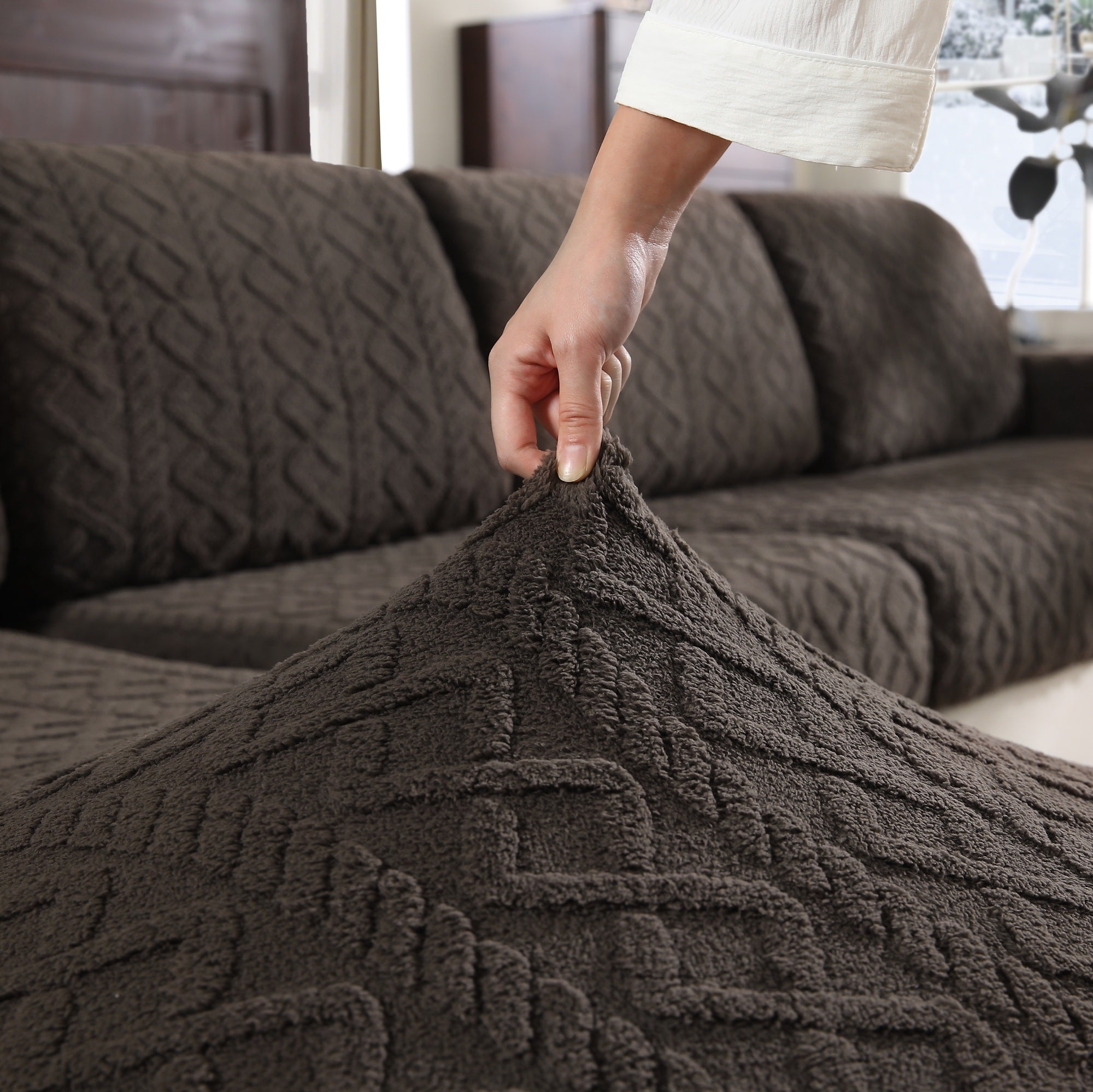 OHSIO Couch Cushion Covers, Super Soft Thicker Fleece Sofa Cover Stretch Sectional Sofa Slipcover Washable Pet Friendly Anti-Slip Stain Resistant Furniture Cover for Home